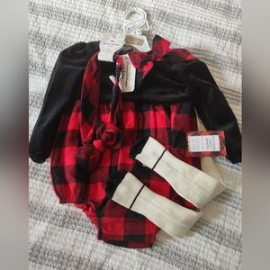 Tommy Bahama Kids, 12 mo. Girls Black and Red Buffalo Check 3 Piece Romper. NWT.